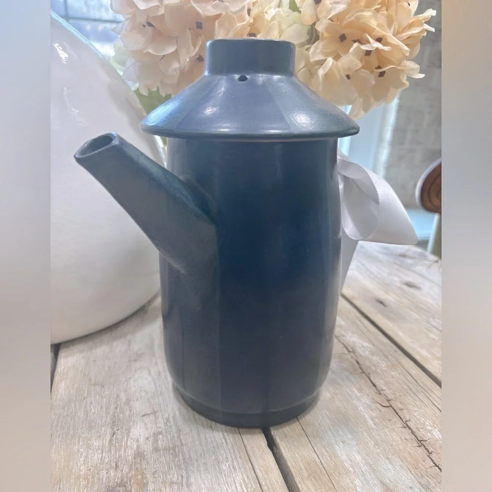 Vintage MCM Redware Pottery Pitcher.  9”T Navy | Unique | Oriental | Mid Century